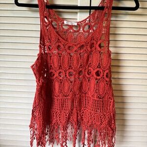 Rust Red/Orange Crochet Fringe Tank Top – Boho Festival Style, Size S